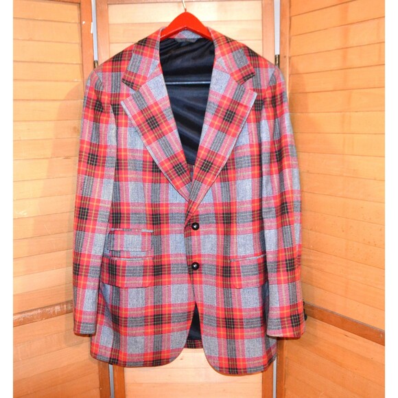 Vintage Mens Suit Jacket Sport Coat Blazer 1970s Wool Red Plaid - Picture 1 of 6